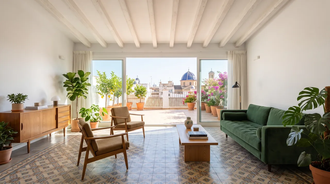 Salón con vigas blancas y suelo hidráulico; al fondo, la terraza sobre los tejados