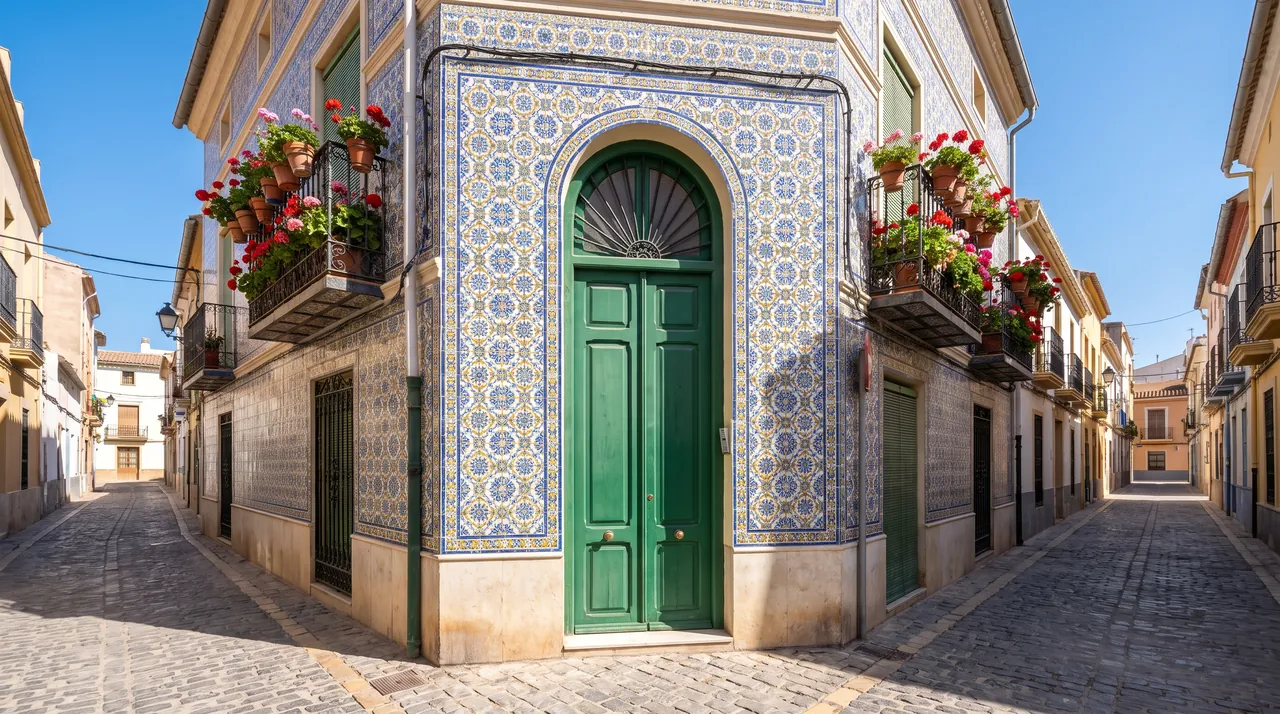 Casa de esquina con fachada de azulejo azul y puerta verde