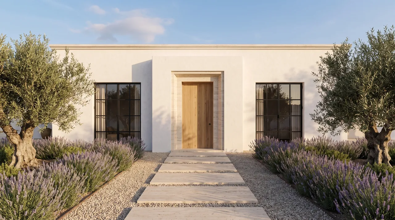 Fachada de la Casa del Olivo con puerta de roble y olivos