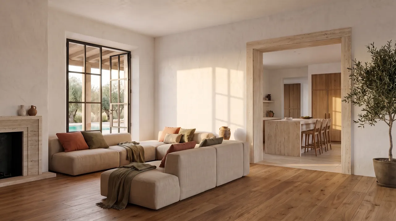 Salón de la Casa del Olivo, imagen generada con IA, con un rótulo de ejemplo