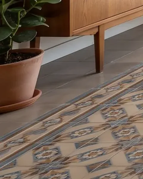 Detalle: suelo hidráulico y una maceta de barro, imagen generada con IA